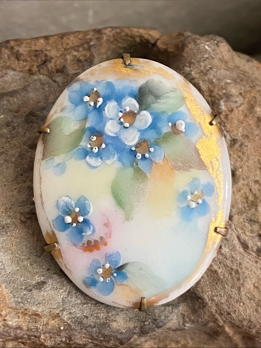 Antique 1920s Hand painted Porcelain Forget me Not Floral & Brass Broach